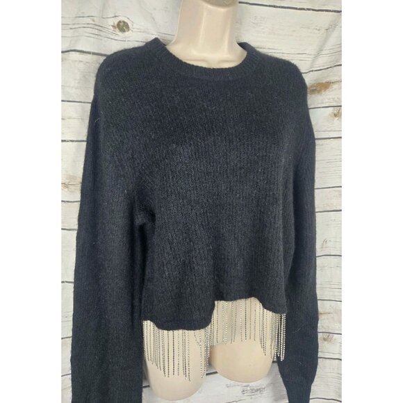House of Harlow Black Bling Fringe Sweater Tunic Top L Wool Mohair Blend - Picture 2 of 9